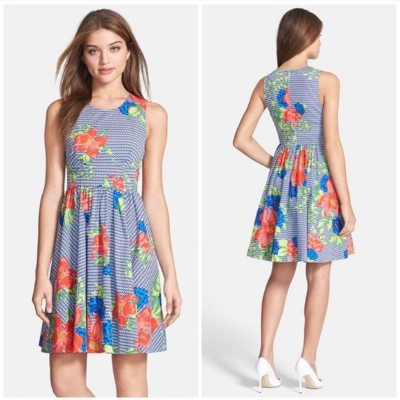Plenty by Tracy Reese Sleeveless Floral Striped Dress Fit and Flare Skater - Picture 1 of 6